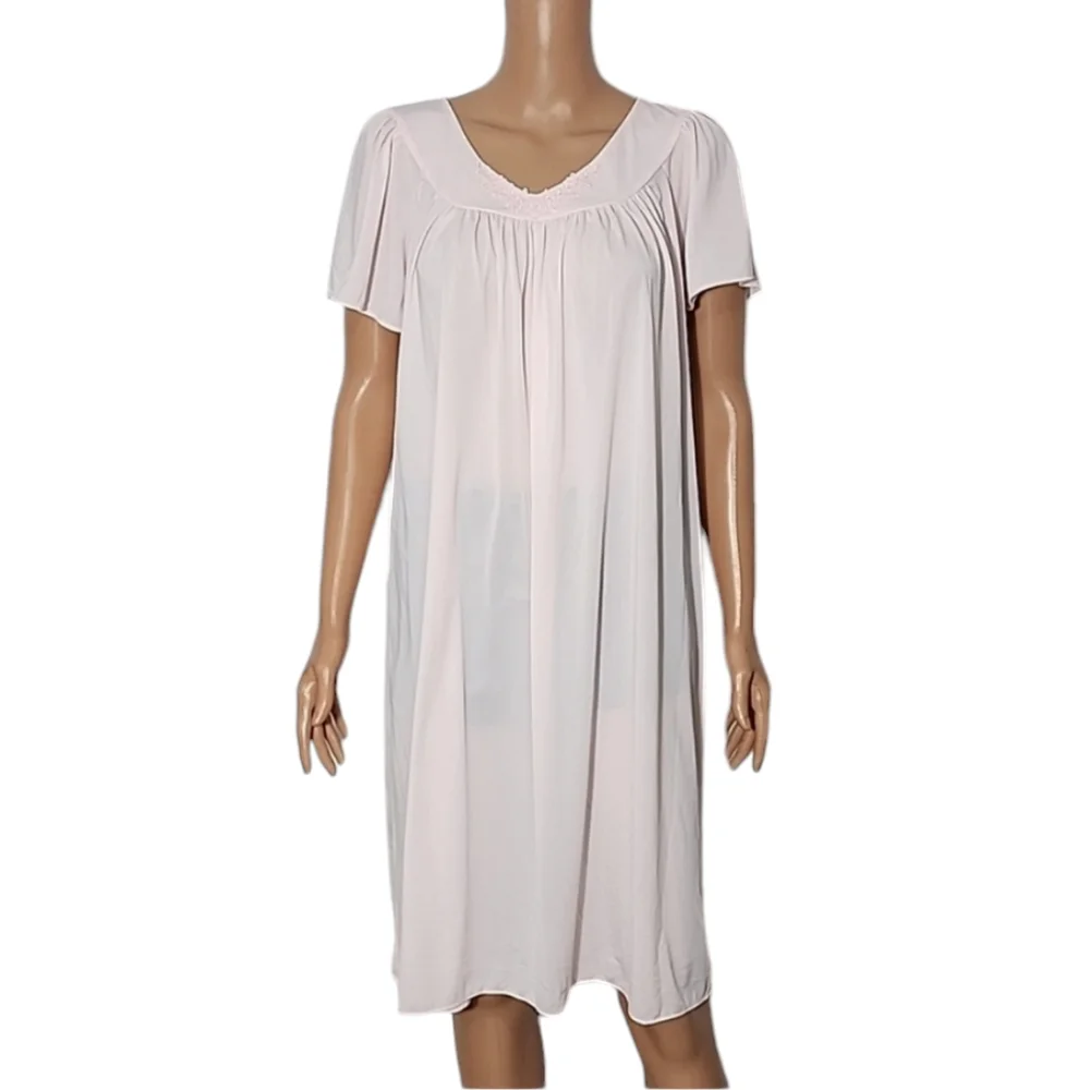 Miss Elaine‎ Women's Ruched Nylon Tricot Short Sleeve Nightgown Pink Size M